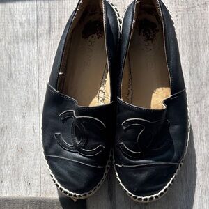 CHANEL Black Leather CC Espadrille Flats